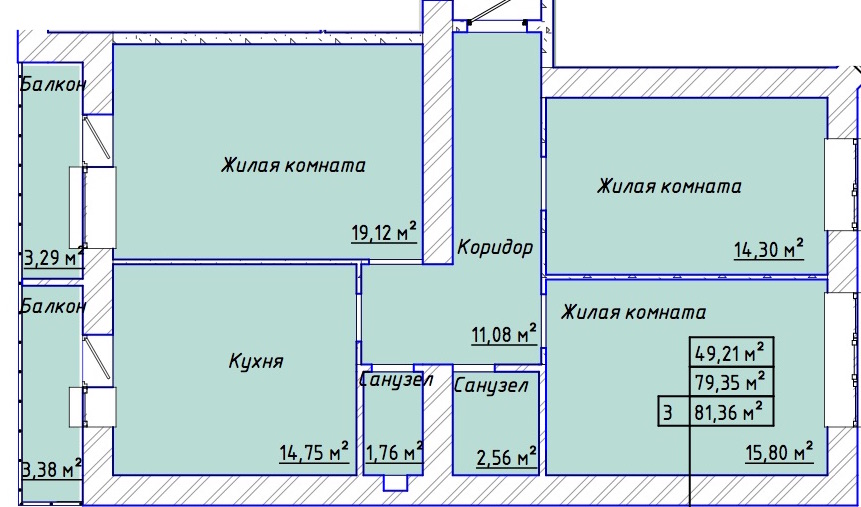 Планировка: 3-комн. квартира 82,3 м²