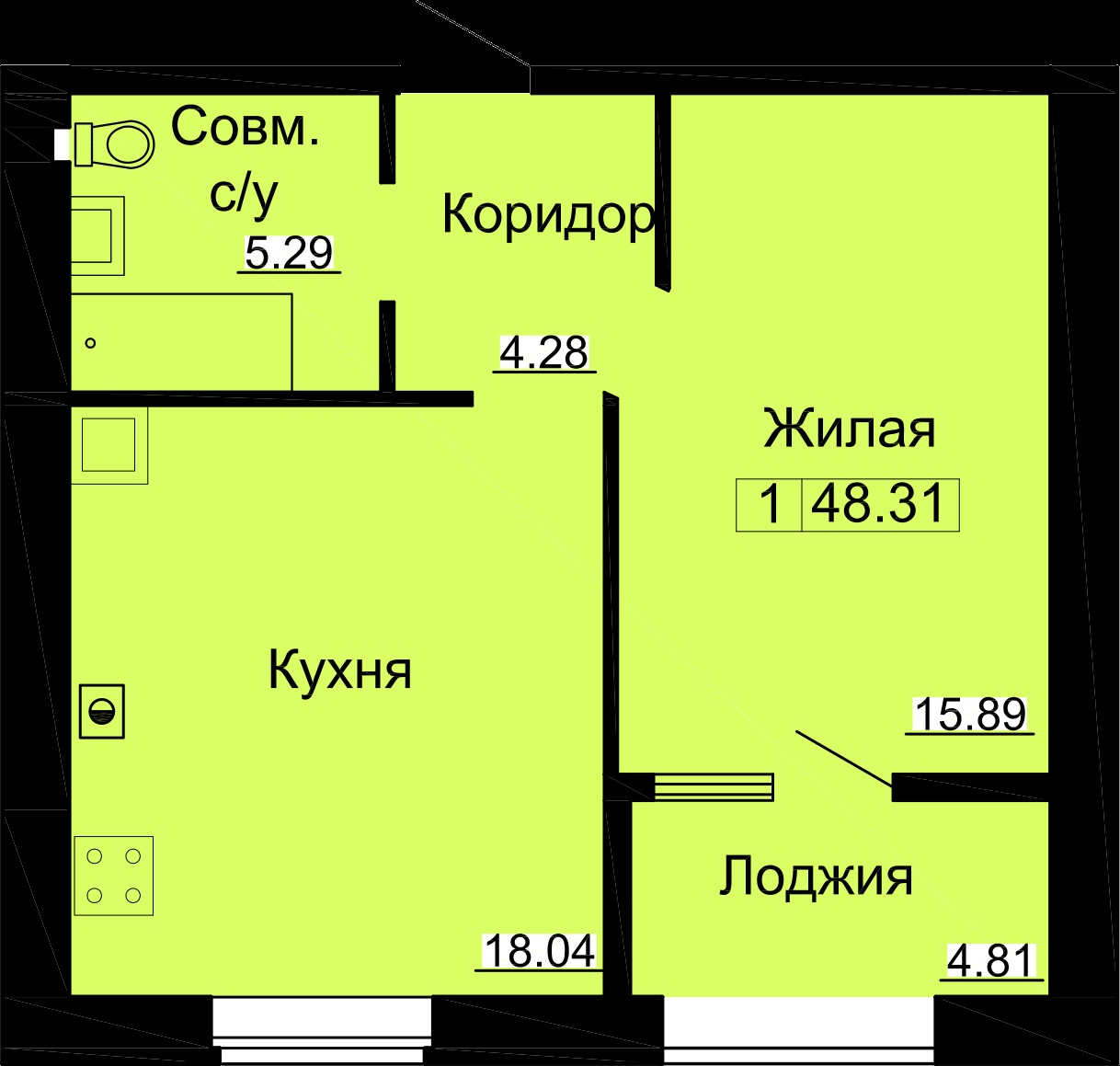 Планировка: 1-комн. квартира 49,4 м²