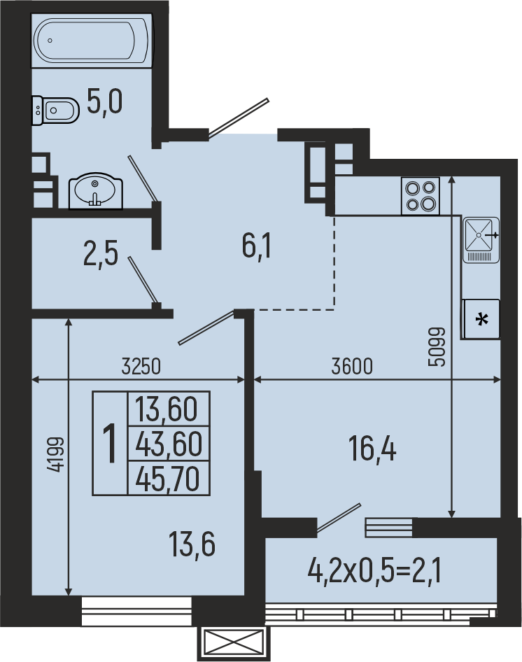 Планировка: 1-комн. квартира 45,7 м²