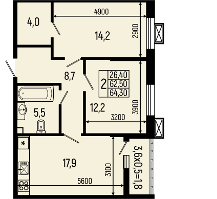 Планировка: 2-комн. квартира 64,3 м²