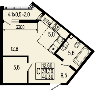 Планировка: Студия 40,3 м²