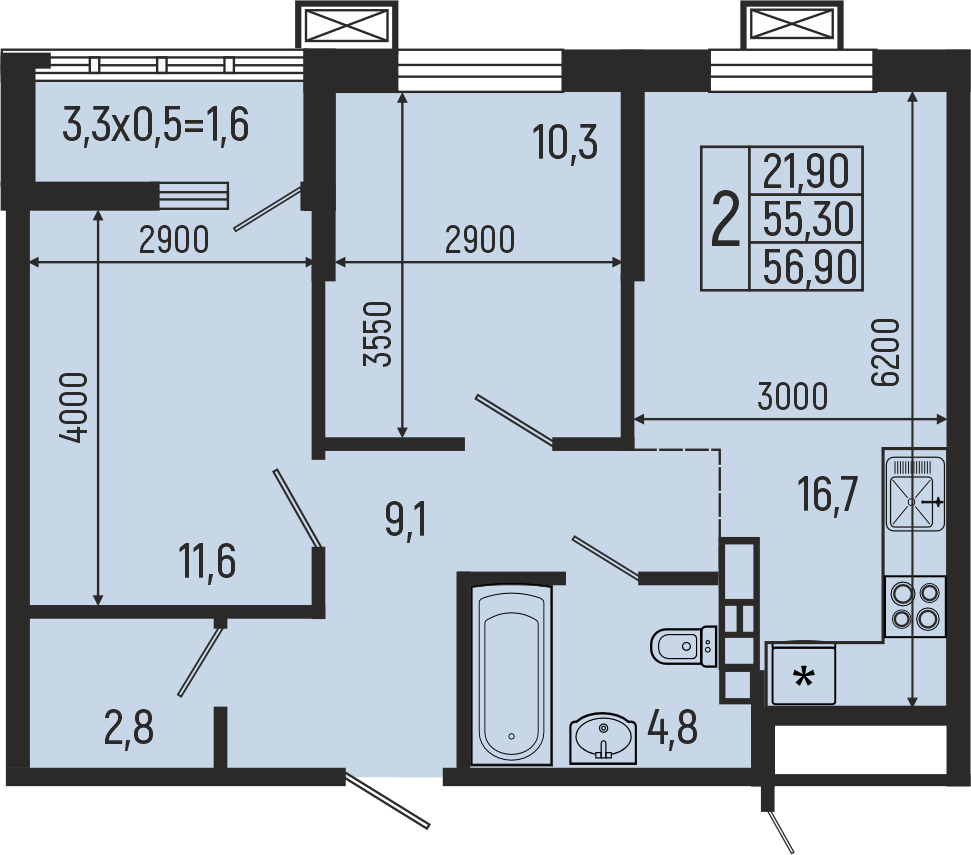 Планировка: 2-комн. квартира 56,9 м²
