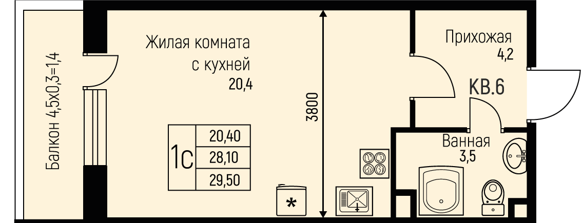 Планировка: Студия 29,5 м²