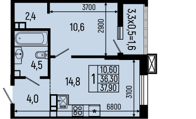 Планировка: 1-комн. квартира 37,9 м²