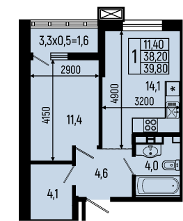 Планировка: 1-комн. квартира 39,8 м²