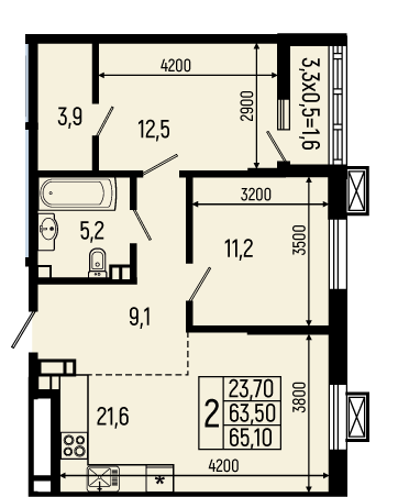 Планировка: 2-комн. квартира 65,1 м²