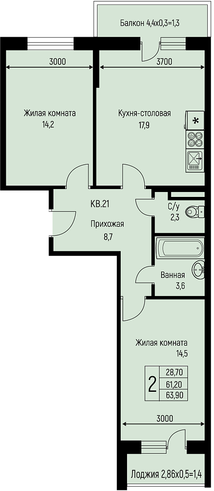 Планировка: 2-комн. квартира 63,9 м²