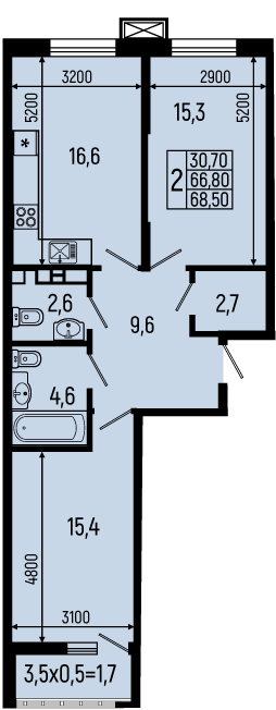 Планировка: 2-комн. квартира 68,5 м²