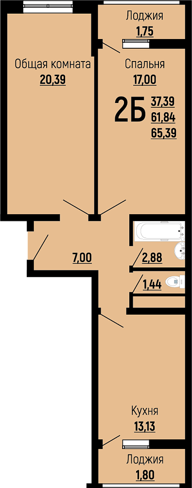 Планировка 2-комнатная 65,39 м²