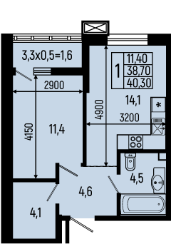 Планировка: 1-комн. квартира 40,3 м²