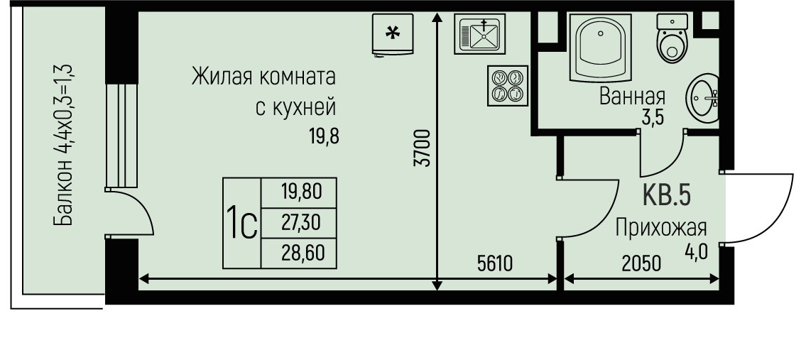 Планировка: Студия 28,6 м²