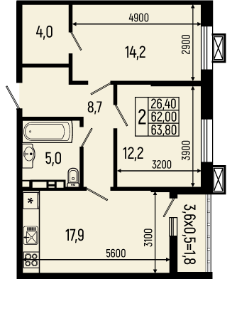 Планировка: 2-комн. квартира 63,8 м²