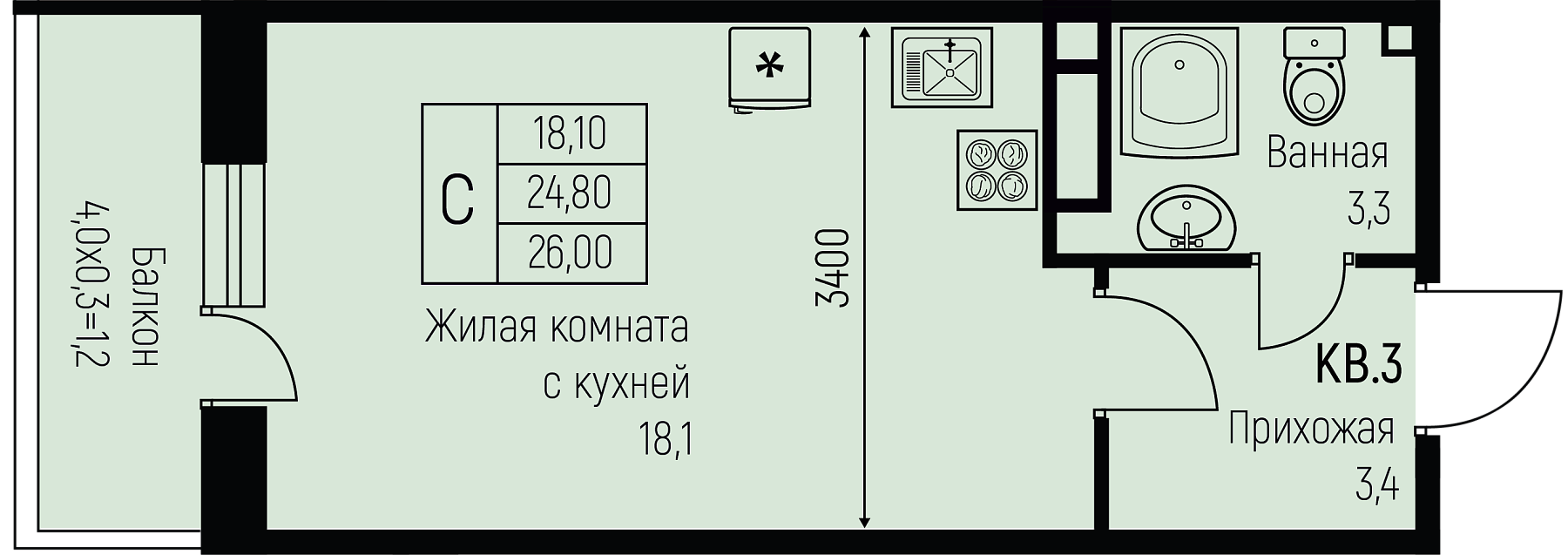 Планировка: Студия 26 м²