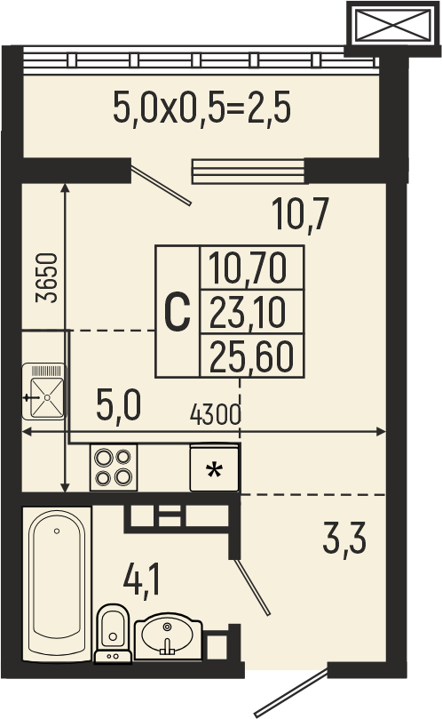 Планировка: Студия 25,6 м²