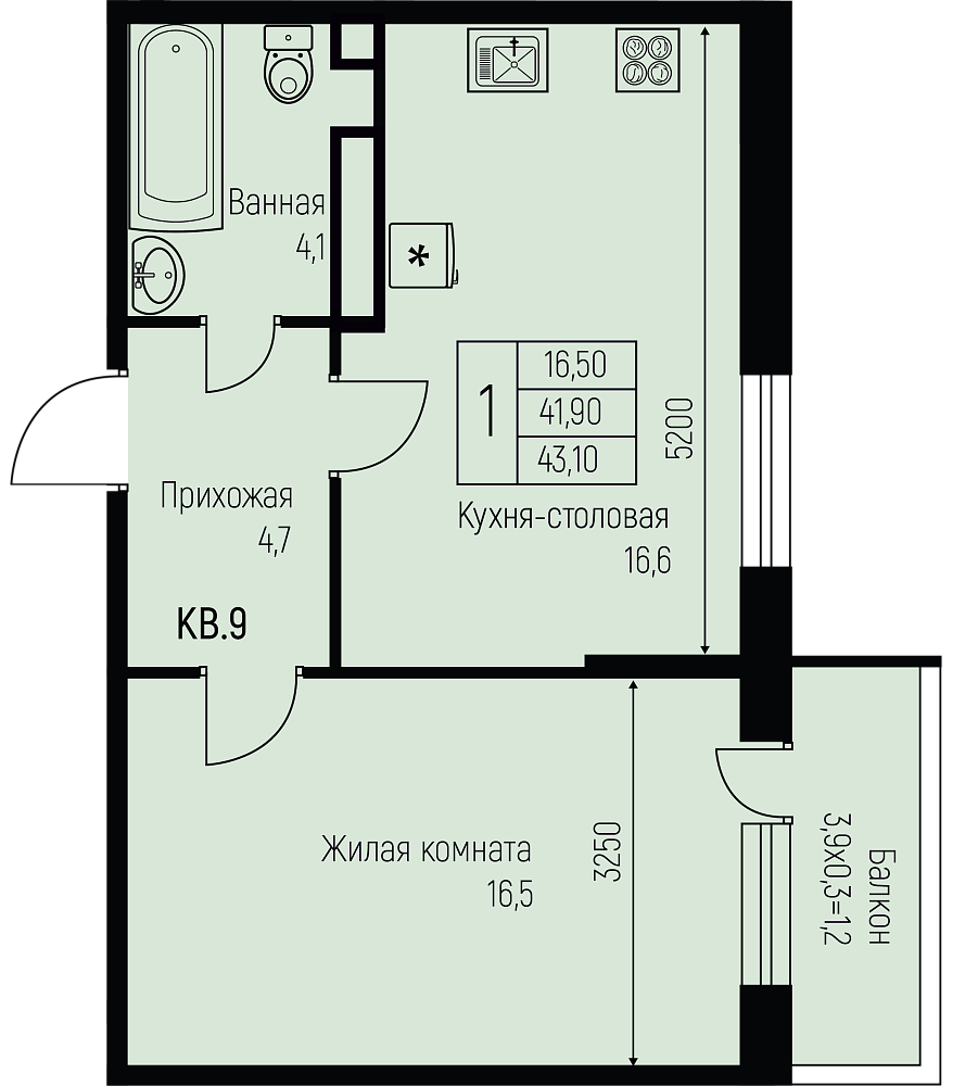 Планировка: 1-комн. квартира 43,1 м²