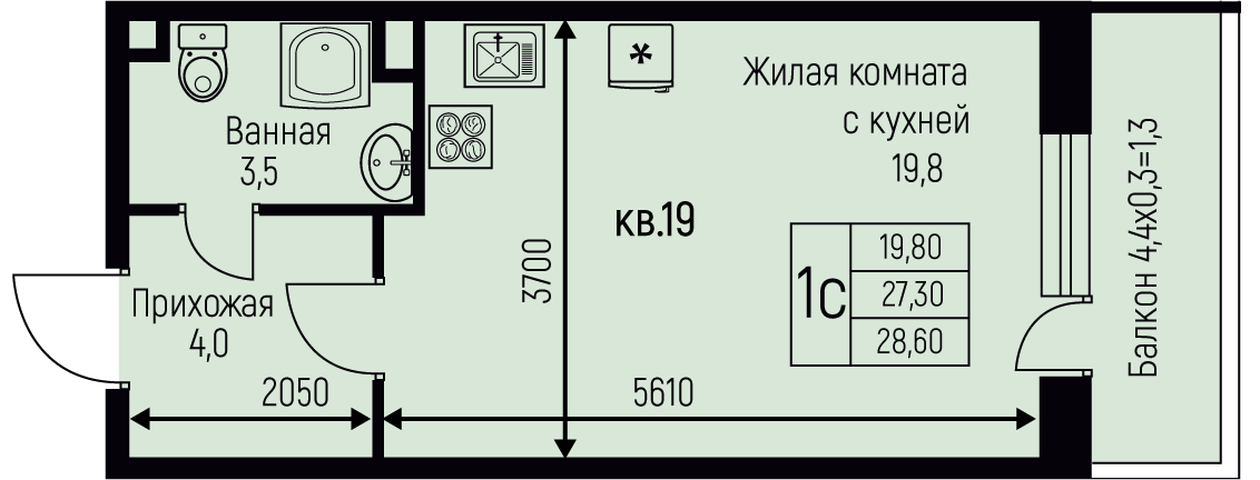 Планировка Студия 28,6 м²
