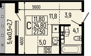 Планировка: Студия 27,5 м²