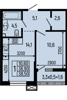 Планировка: 1-комн. квартира 38,5 м²