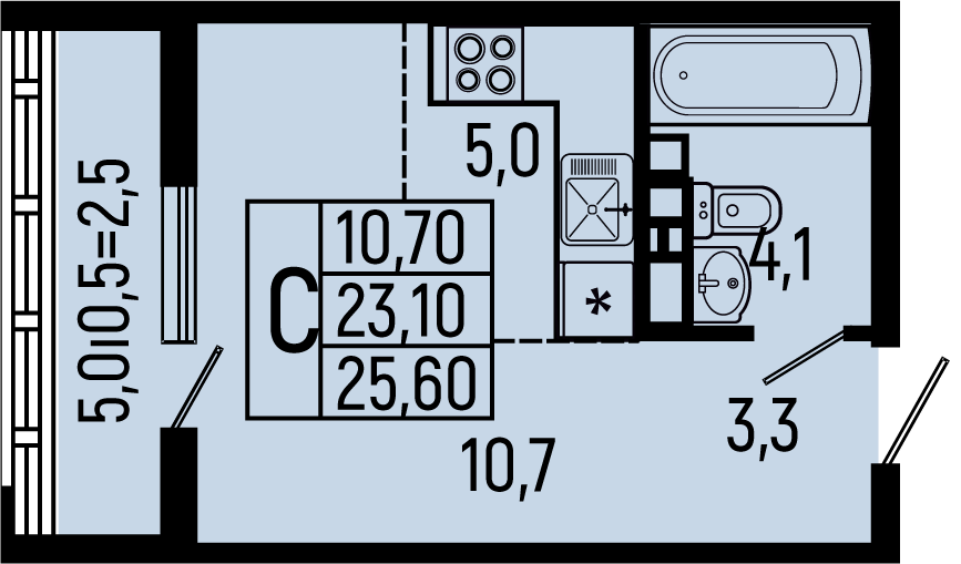 Планировка: Студия 25,6 м²