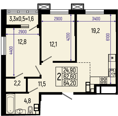 Планировка: 2-комн. квартира 64,2 м²