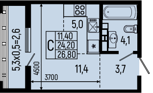 Планировка: Студия 26,8 м²