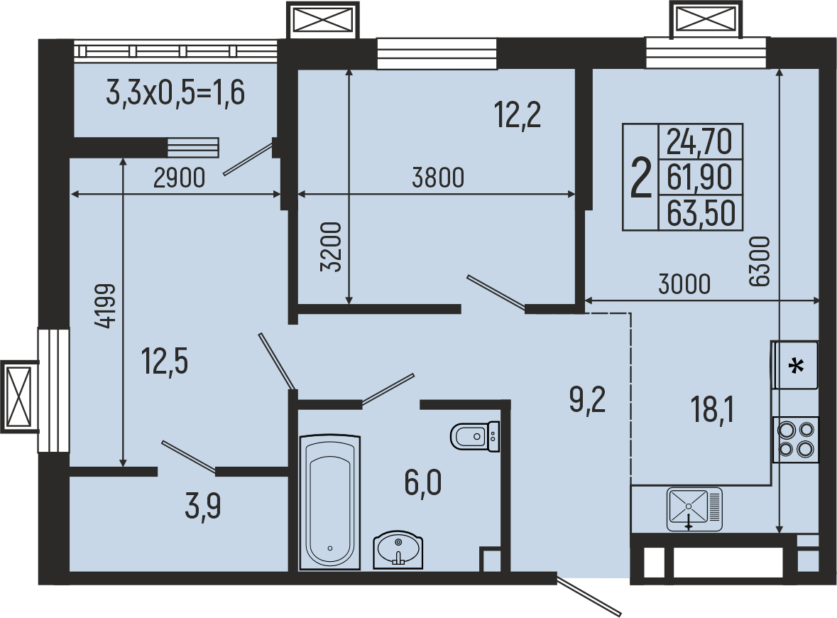 Планировка: 2-комн. квартира 63,5 м²