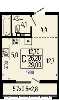 Планировка: Студия 29 м²