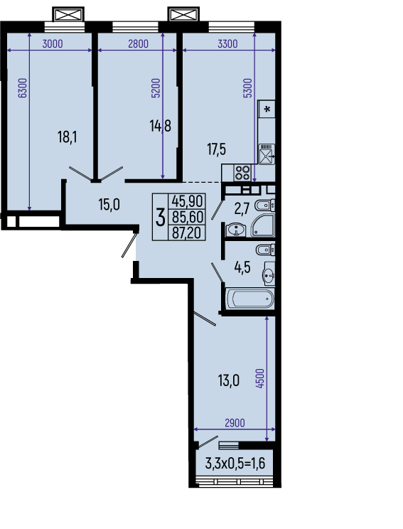 Планировка: 3-комн. квартира 87,2 м²
