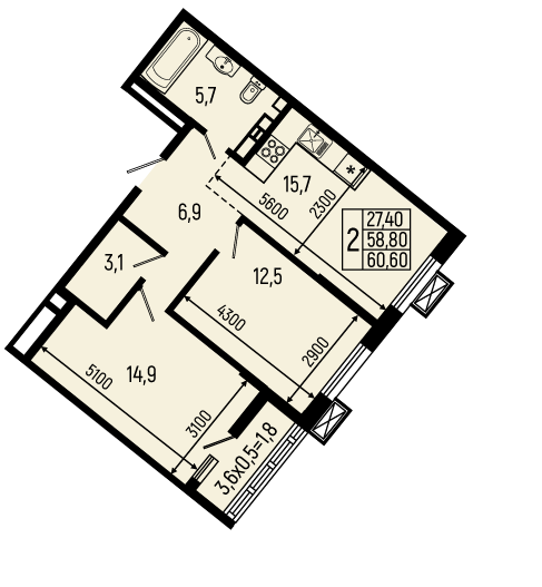 Планировка: 2-комн. квартира 60,6 м²