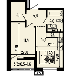 Планировка: 1-комн. квартира 39,8 м²