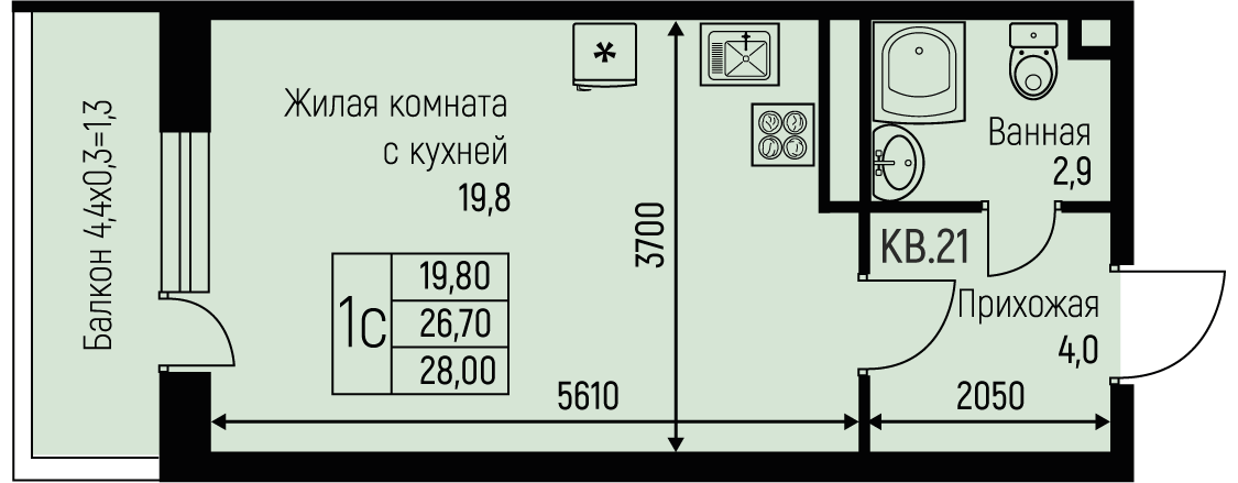 Планировка: Студия 28 м²