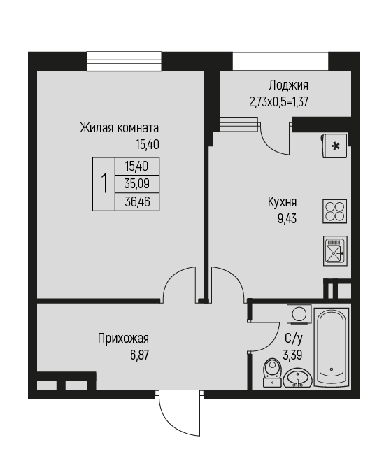 Планировка 1-комнатная 36,46 м²
