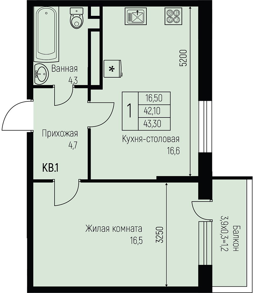 Планировка: 1-комн. квартира 43,3 м²