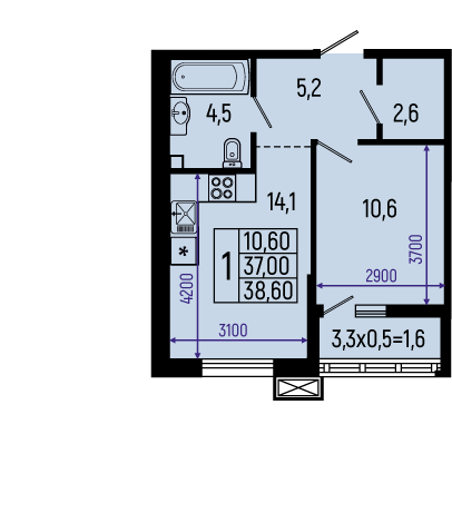 Планировка: 1-комн. квартира 38,6 м²