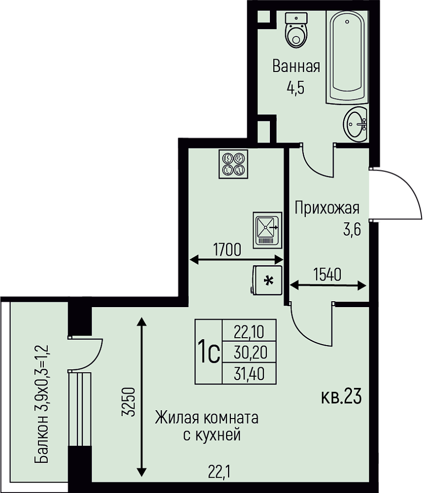 Планировка Студия 31,4 м²
