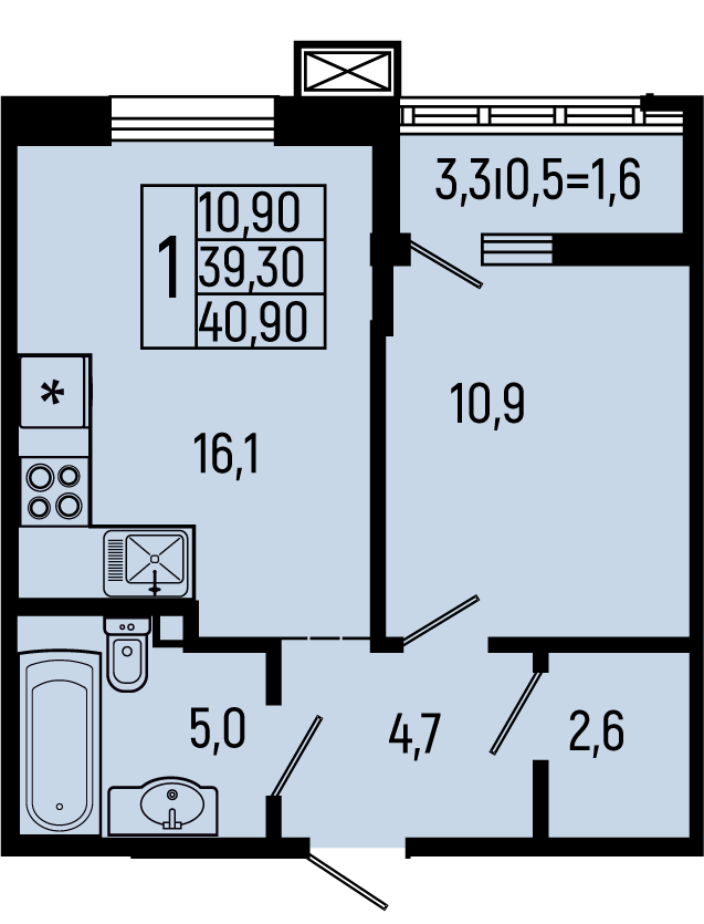 Планировка: 1-комн. квартира 40,9 м²