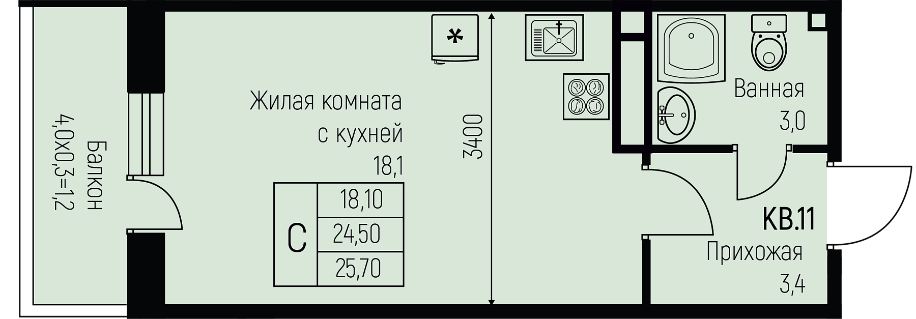Планировка: Студия 25,7 м²