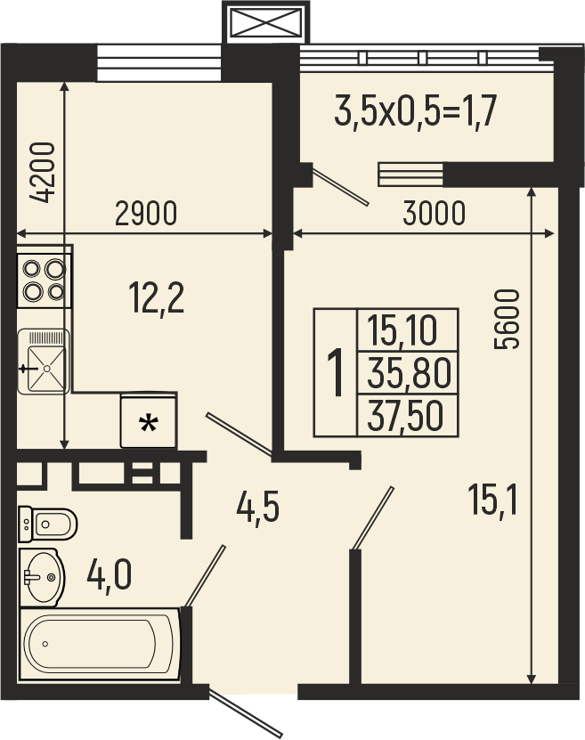 Планировка: 1-комн. квартира 37,4 м²