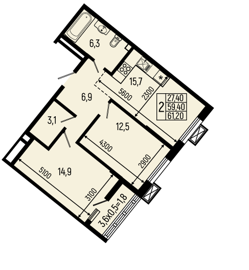 Планировка: 2-комн. квартира 61,2 м²