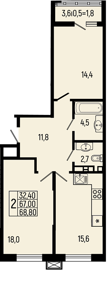 Планировка: 2-комн. квартира 68,8 м²