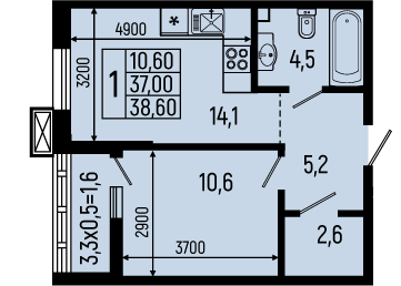 Планировка: 1-комн. квартира 38,6 м²