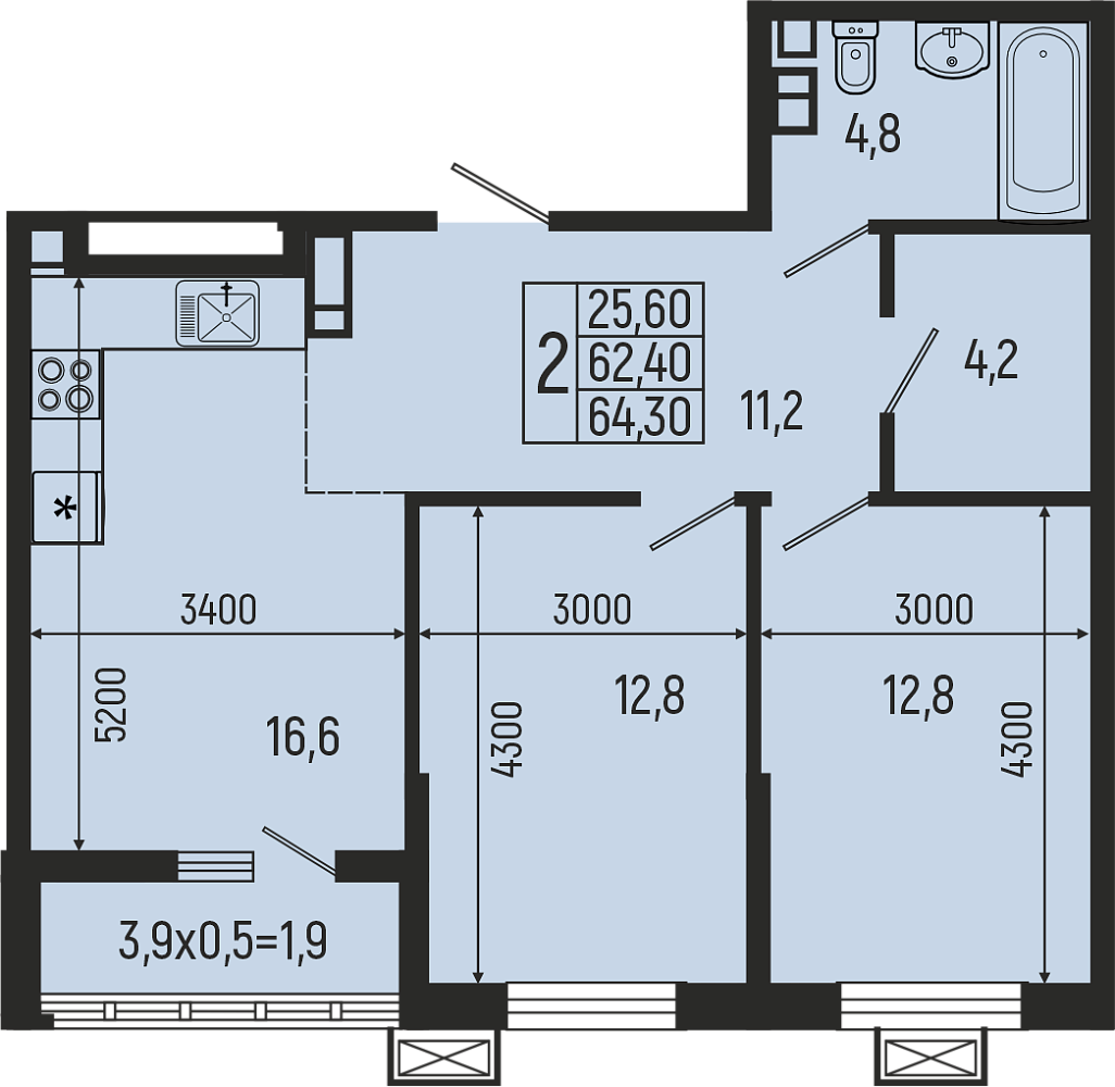 Планировка: 2-комн. квартира 64,3 м²