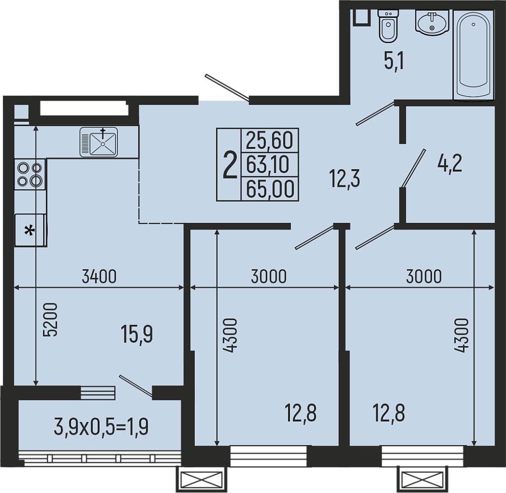 Планировка: 2-комн. квартира 65 м²