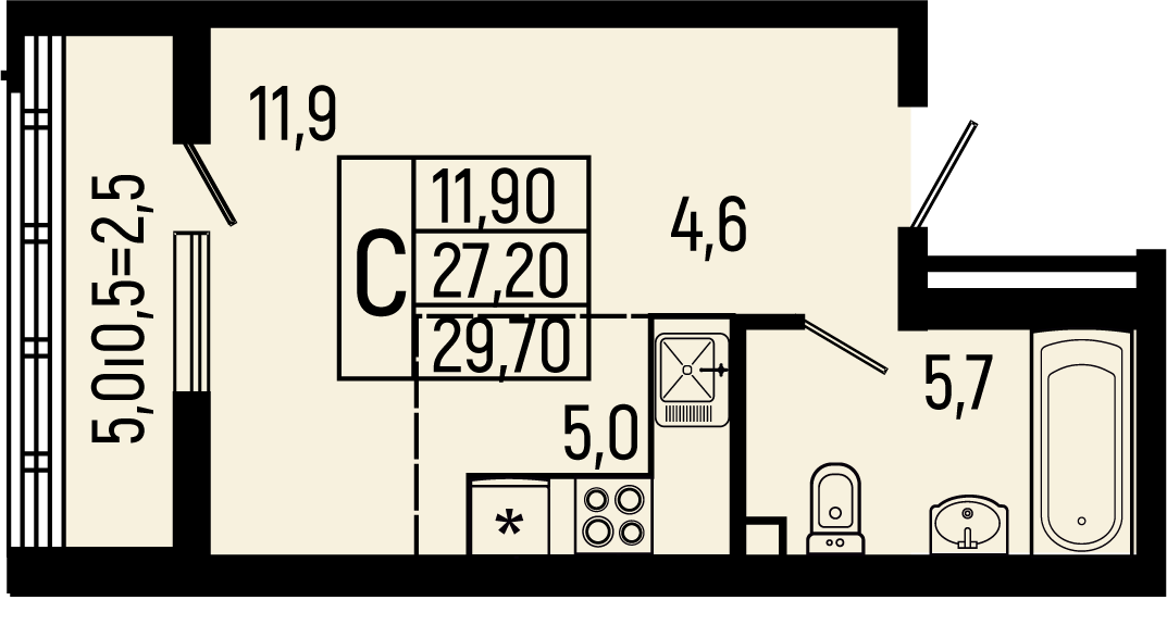 Планировка: Студия 29,7 м²