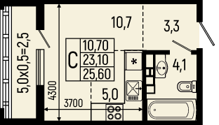 Планировка: Студия 25,6 м²