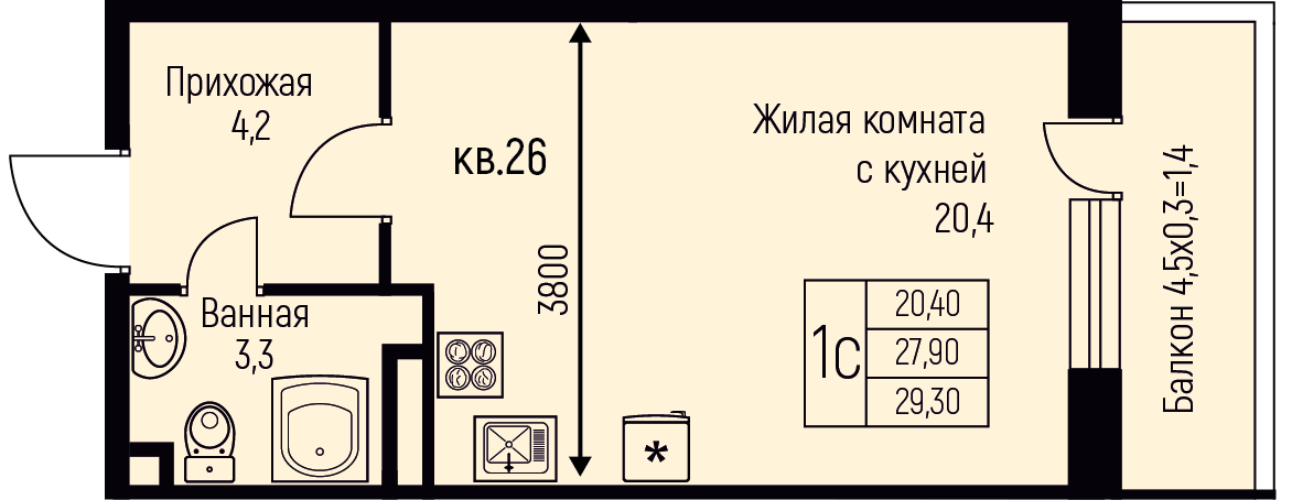 Планировка: Студия 29,3 м²