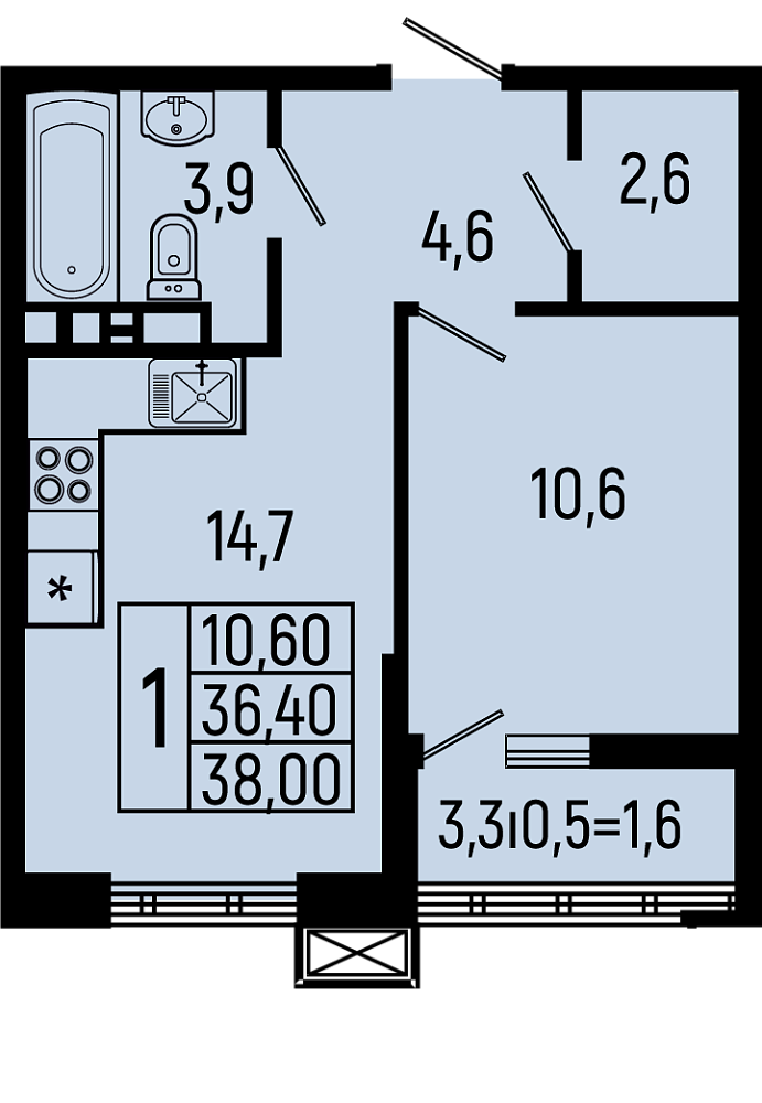 Планировка: 1-комн. квартира 38 м²