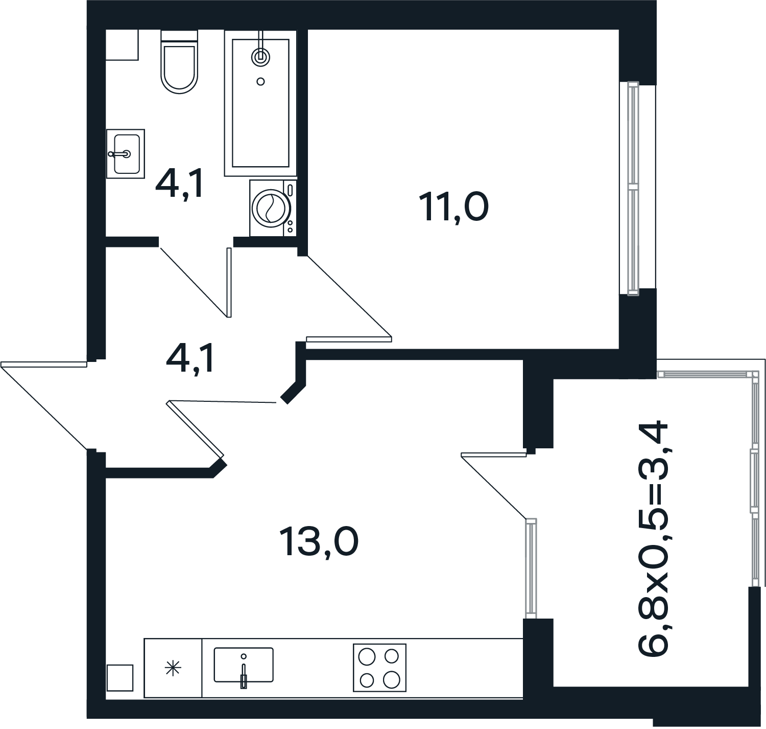 Планировка: 1-комн. квартира 35,6 м²