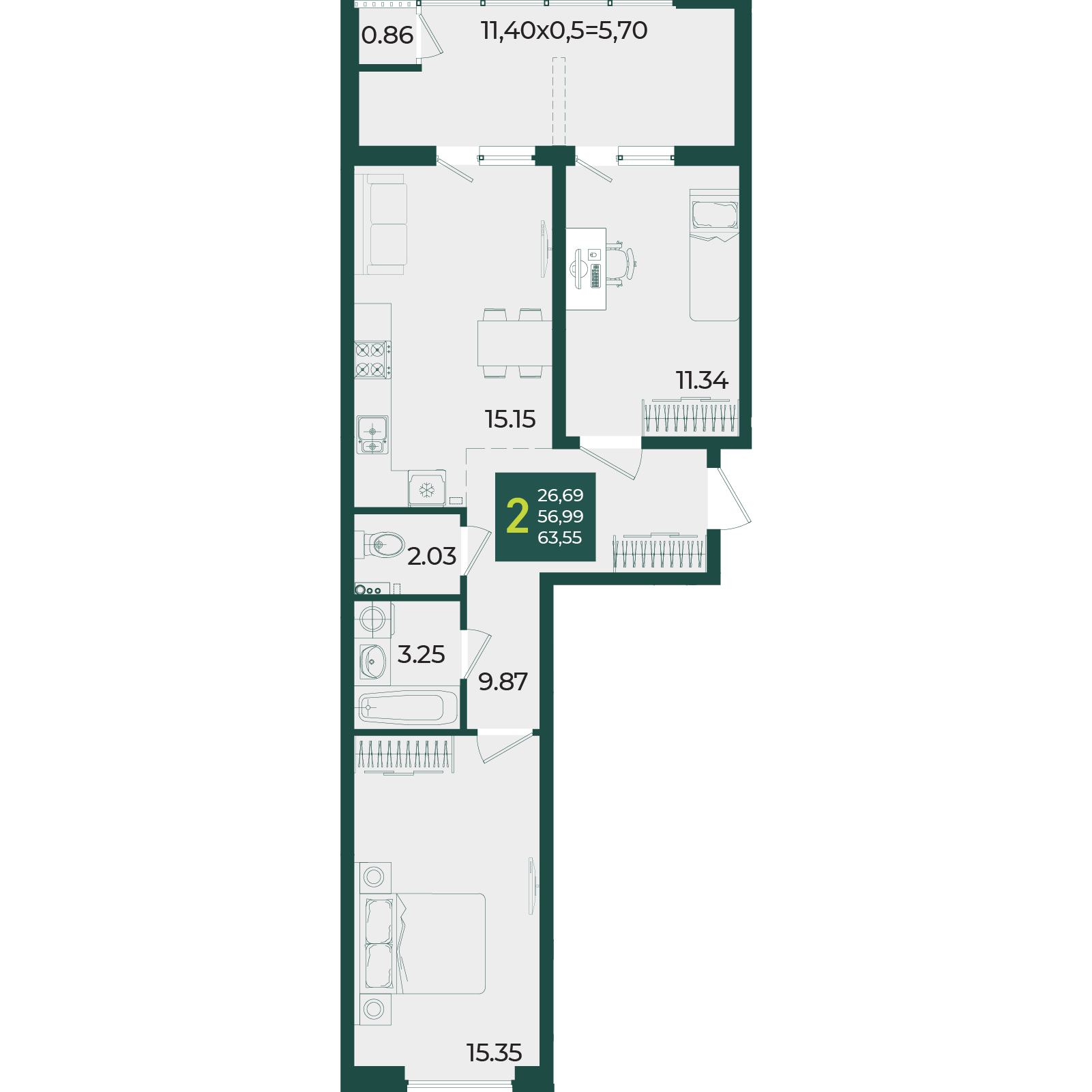 Планировка 2-комнатная 63,55 м²
