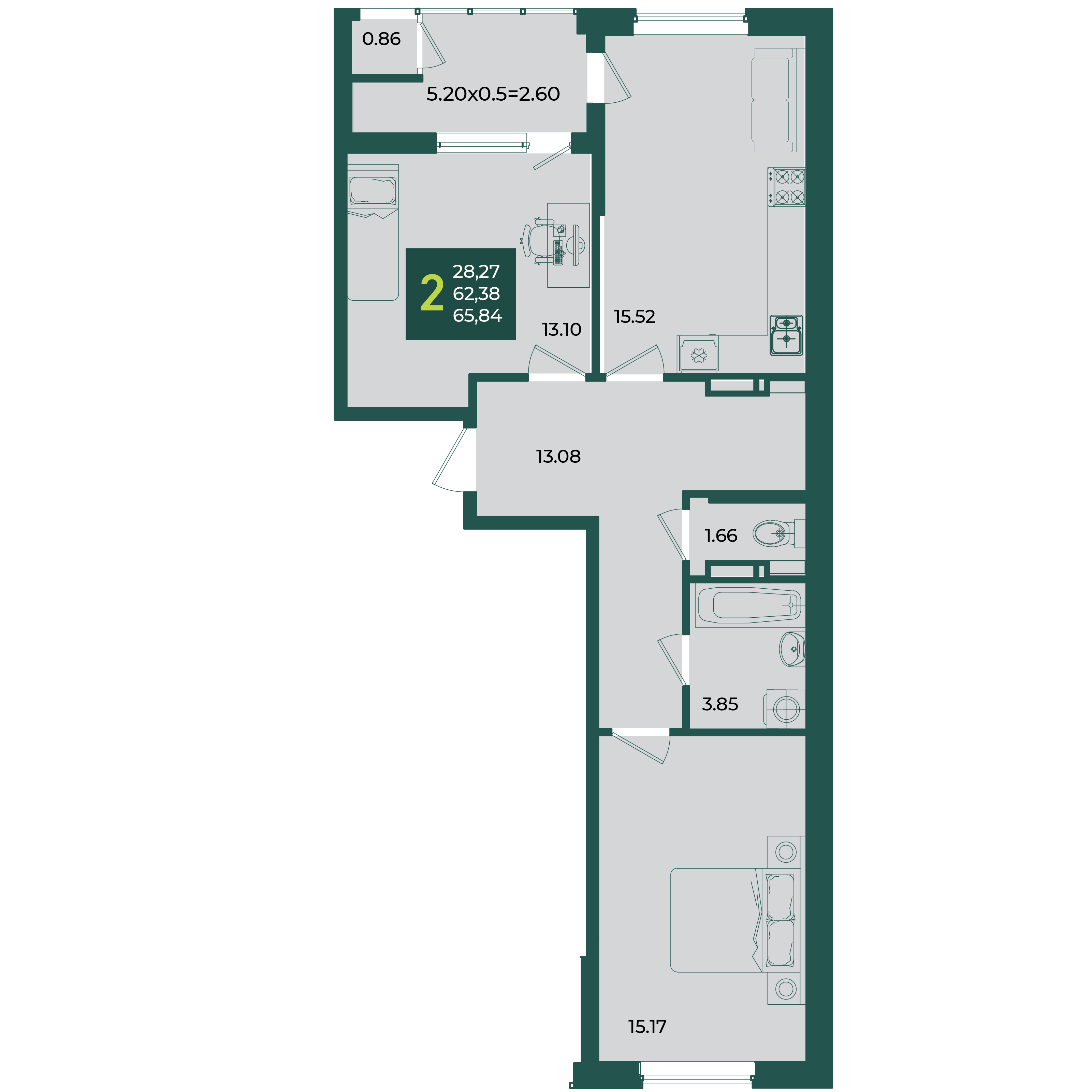 Планировка: 2-комн. квартира 65,8 м²